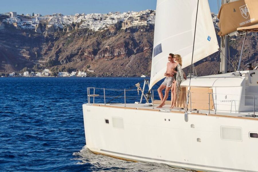 Santorini Gold Catamaran Cruise with Snorkel, BBQ & Open Bar - Volcano hot springs: warm sulfur water with real payoff